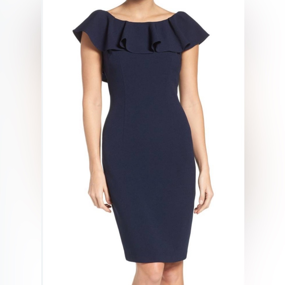 Eliza J Navy Off-Shoulder Ruffle-sleeve Sheath‎ Knee Length Dress Women's 4 EUC